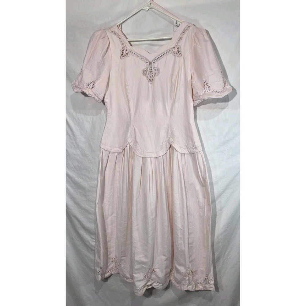 80s Sarah Elizabeth‎ Pink Dress Sz 14 Short Sleeve Linen Blend Eyelet Coquette